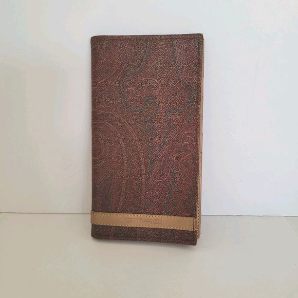 Etro Brown Large Leather Wallet Bifold Italian Paisley Card Bil Unisex Long Logo - Picture 1 of 10
